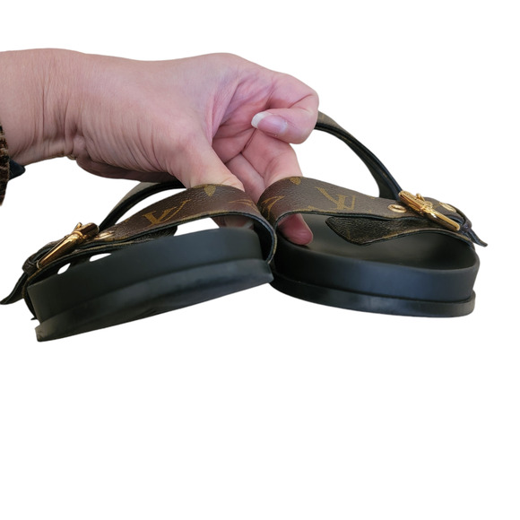 Louis Vuitton Monogram Bom Dia Leather Sandals LV Logo Brown Black Flat 10 40 - Picture 9 of 14